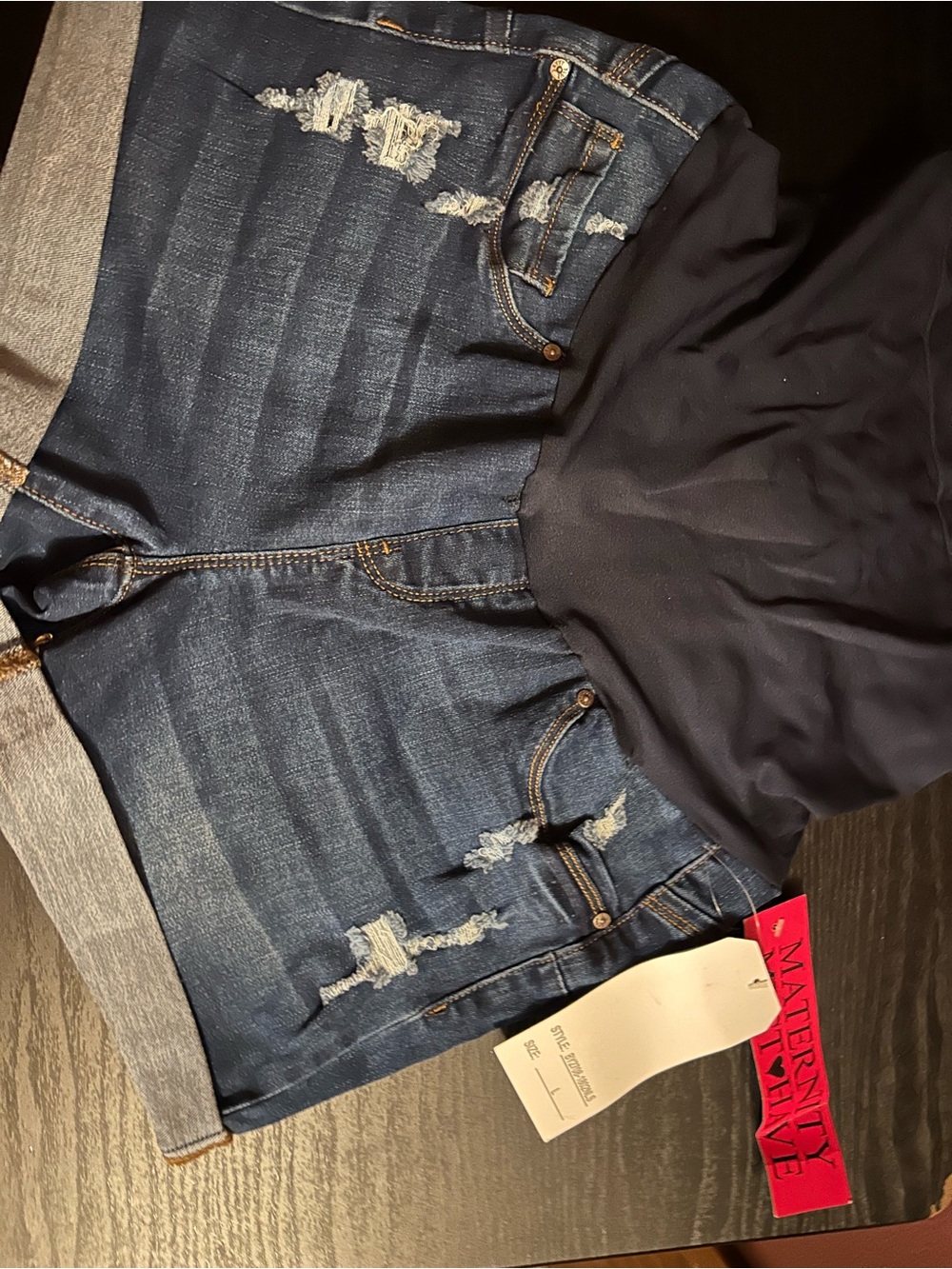 Maternity Distressed Dark Blue Denim Shorts with navy Stretch Waistband